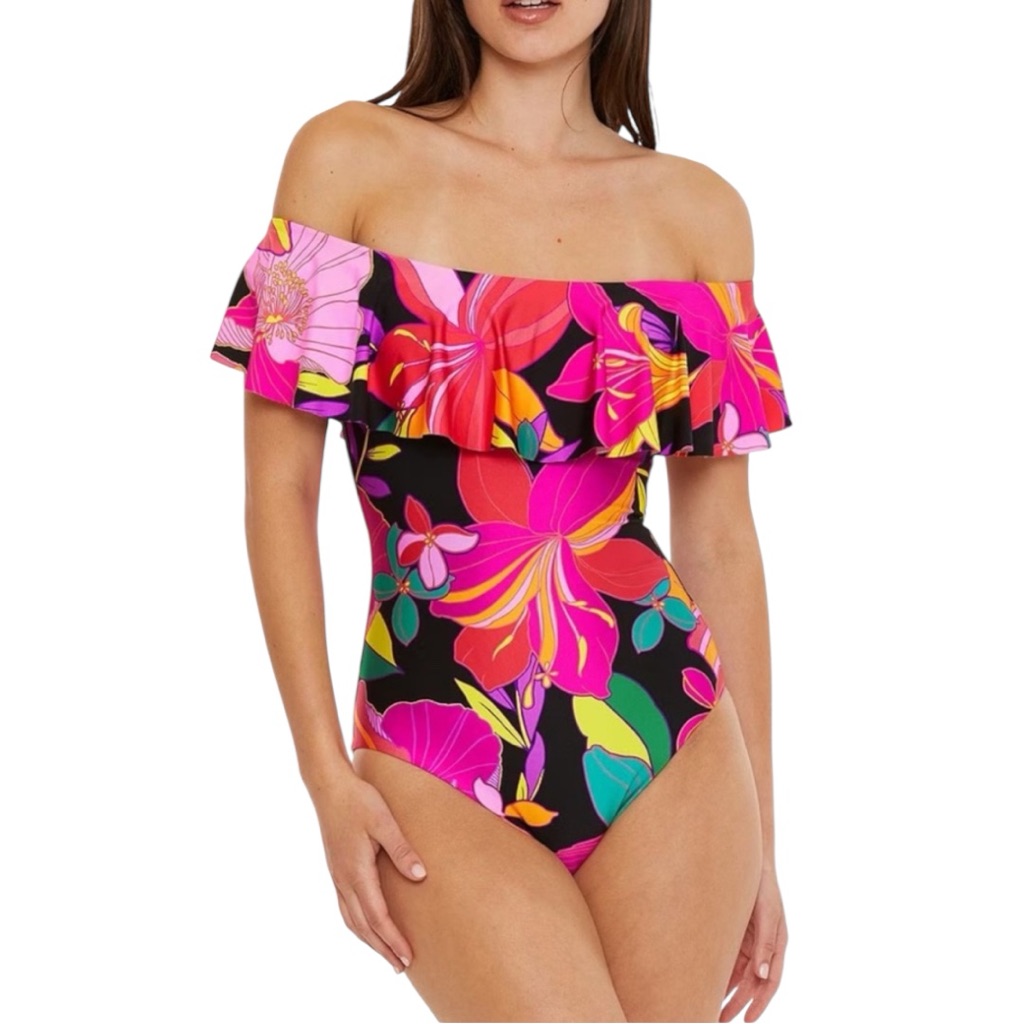 Trina Turk Solar Floral Print Off-The-Shoulder Ruffle One Piece Swimsuit Size 8